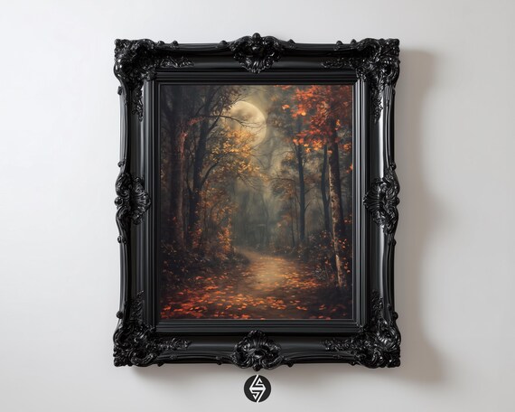 Dark Autumn Forest Full Moon Landscape Art Print