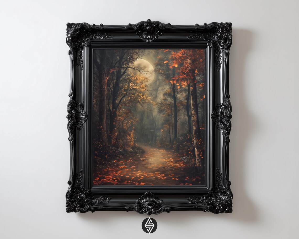 Dark Autumn Forest Full Moon Landscape Art Print