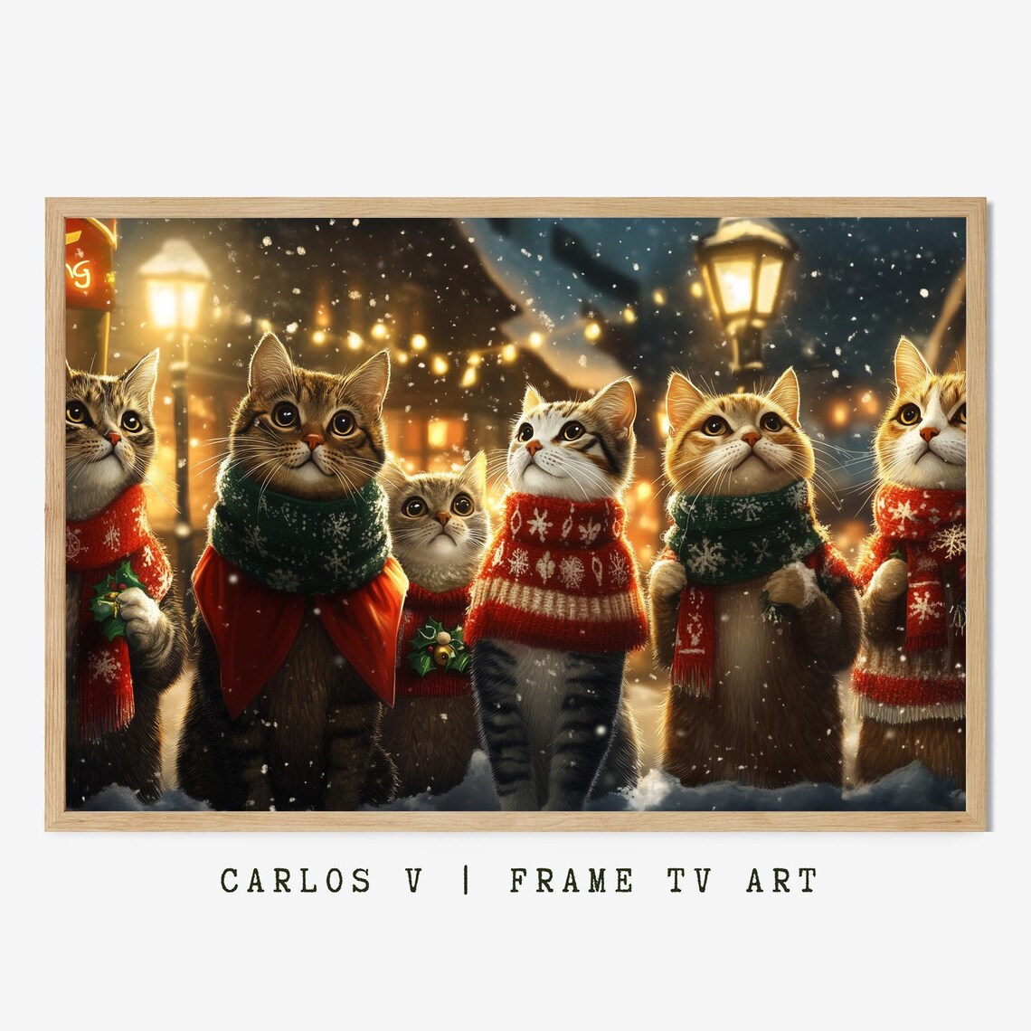 Six Cats In Knitted Christmas Scarves On A Snowy Street Poster