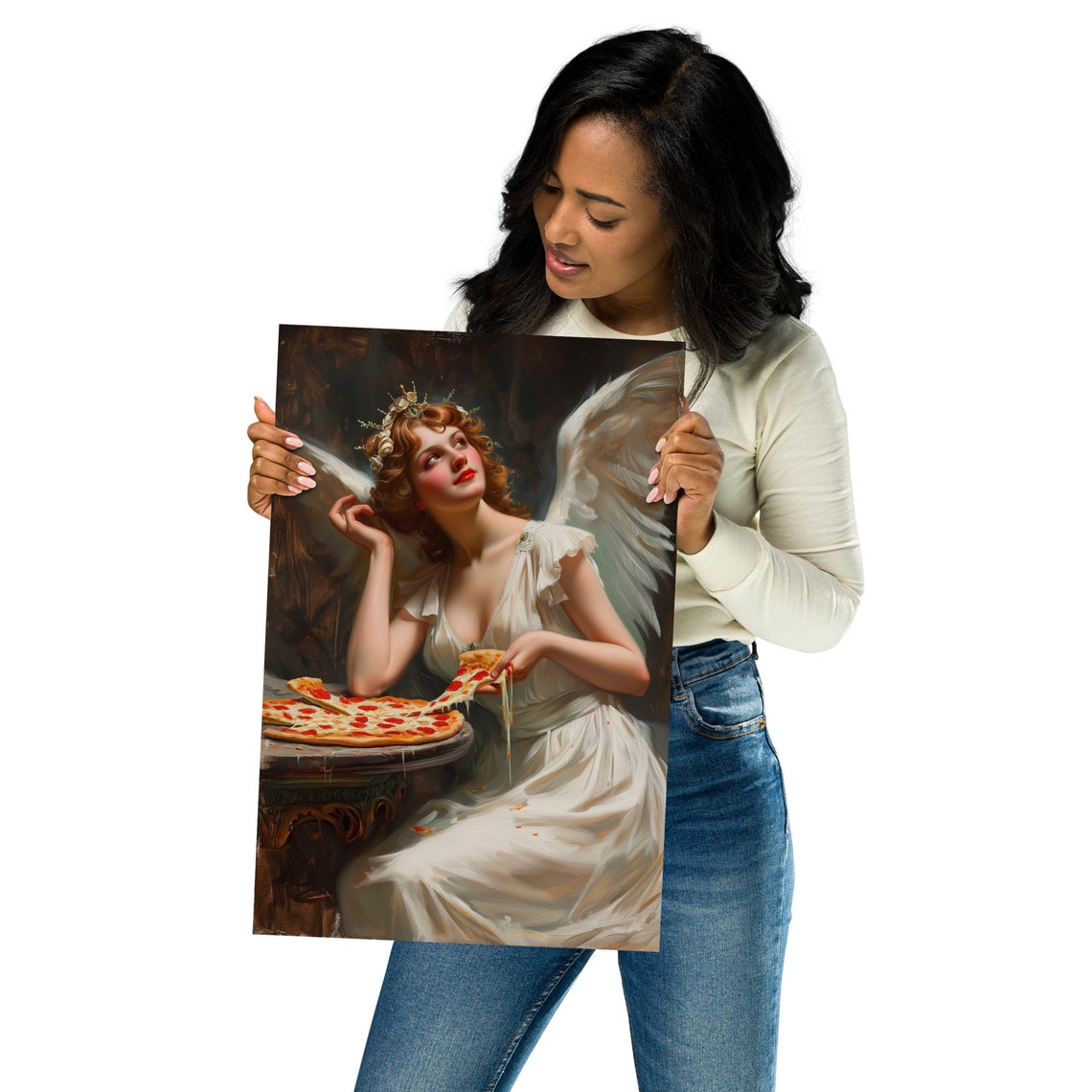 Beautiful Angel With Wings Enjoying a Pepperoni Pizza Poster - Image 2