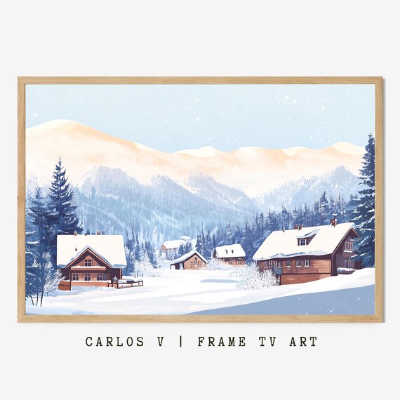 Snow Covered Forest Cabins Peaceful Winter Pines Landscape Poster