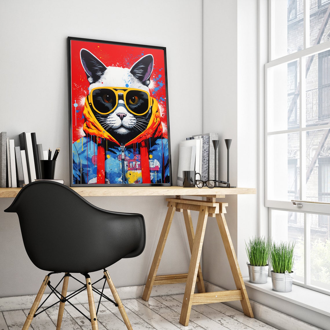 Bold Pop Art Cat in Yellow Sunglasses and a Colorful Jacket Poster