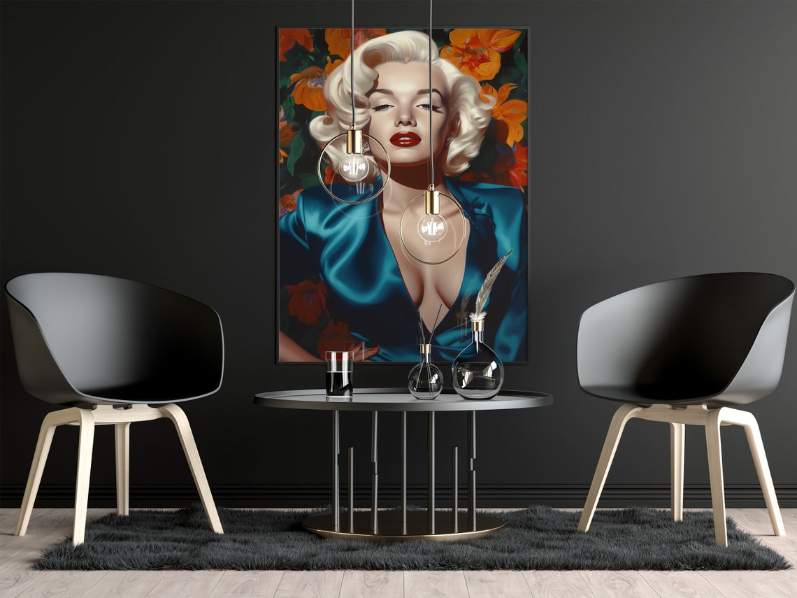 Marilyn Monroe Portrait in Teal Satin With Orange Flowers Poster - Image 2