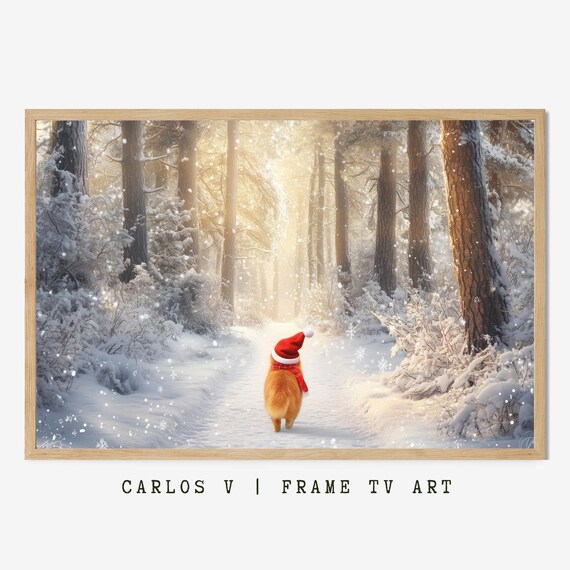 Orange Cat In Santa Hat Wandering Down A Snowy Forest Path Poster