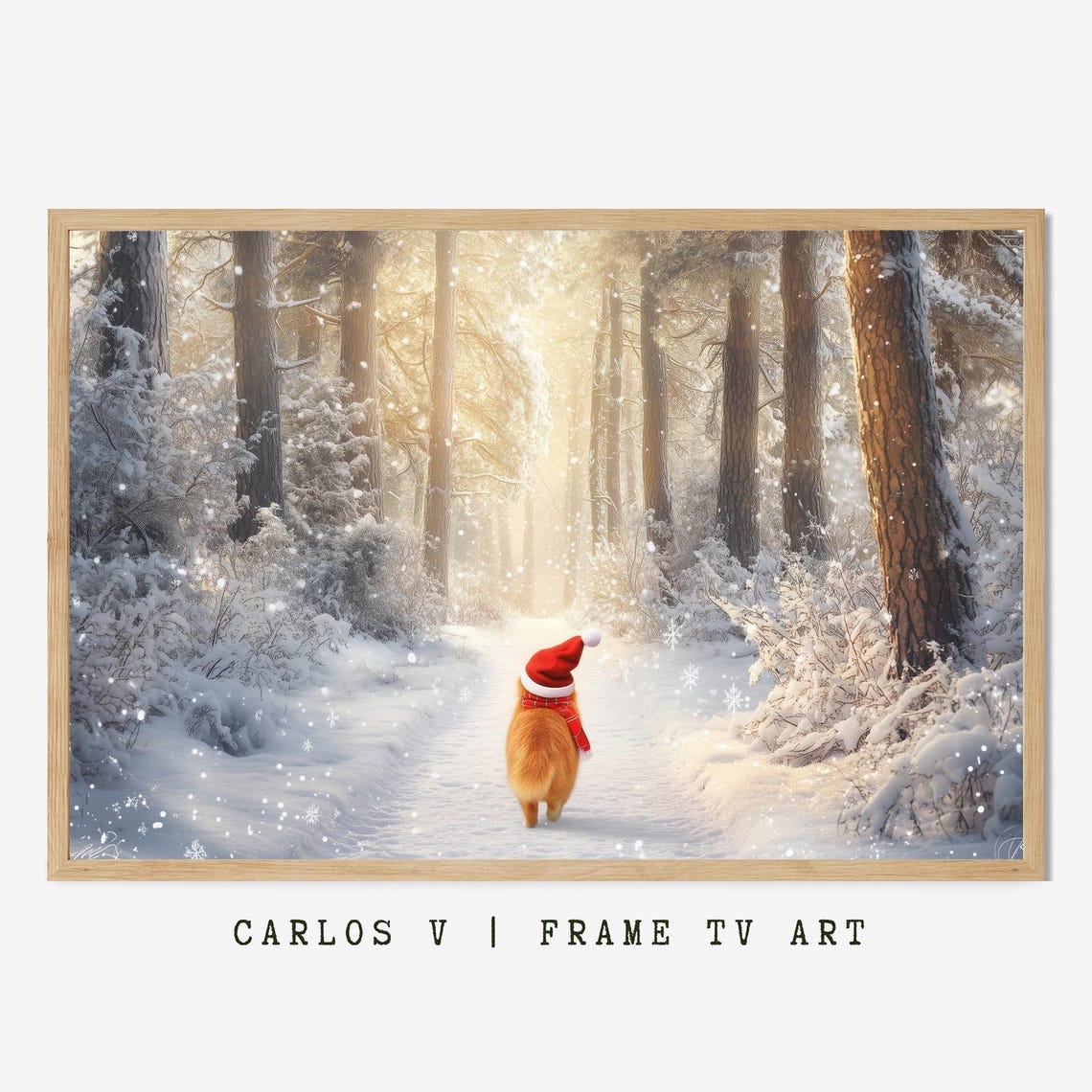 Orange Cat In Santa Hat Wandering Down A Snowy Forest Path Poster