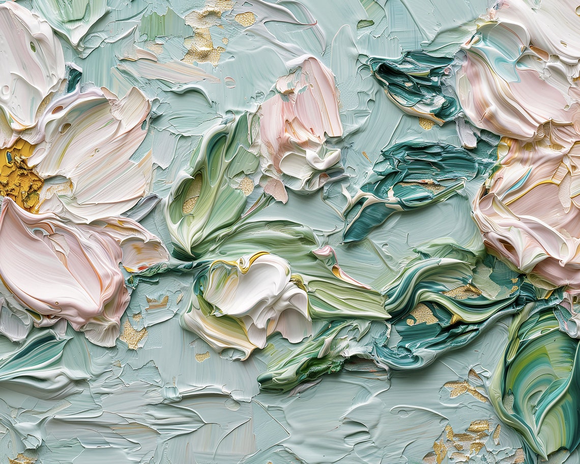 Sage Green and Blush Floral Impasto Frame TV Art Painting Poster - Image 2