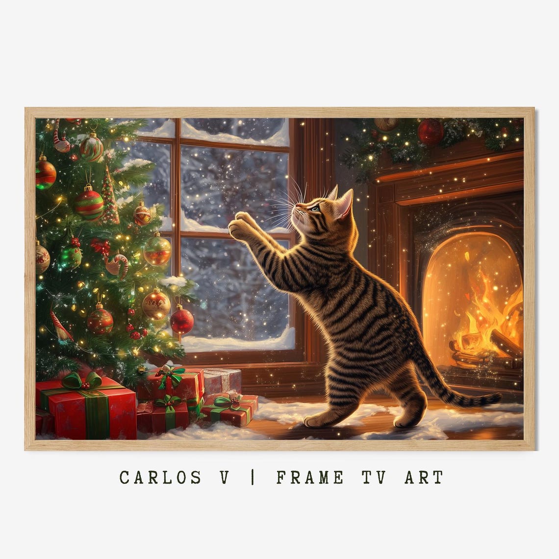 Playful Tabby Kitten Chasing Snowflakes by Christmas Tree Poster