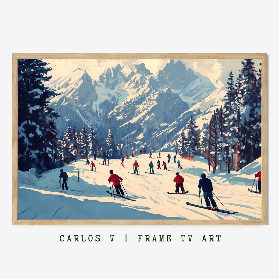 Skiers on Busy Mountain Slope Vintage Alpine Travel Style Art Poster