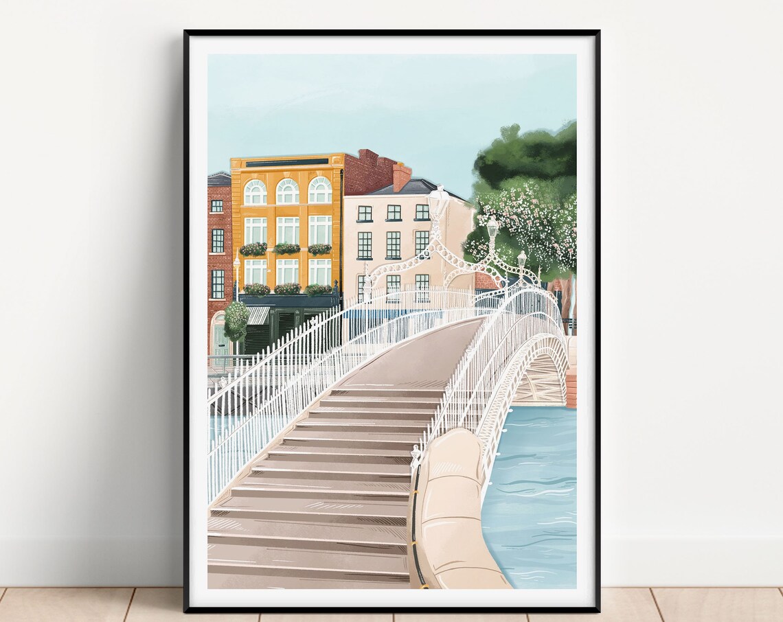 Dublin Hapenny Bridge River Liffey Elegant Illustrated City Art Poster