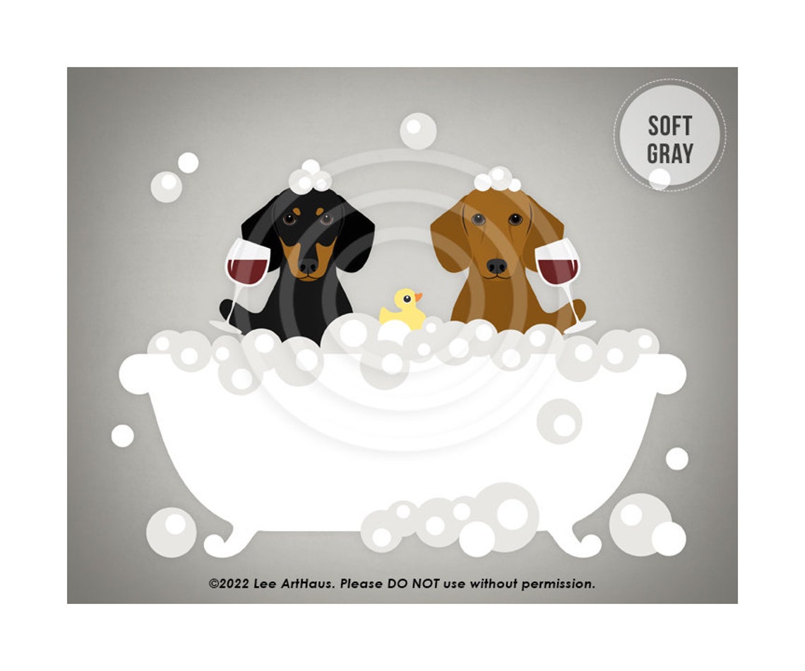 Two Dachshunds Drinking Wine In Bubble Bath With Rubber Duck Poster