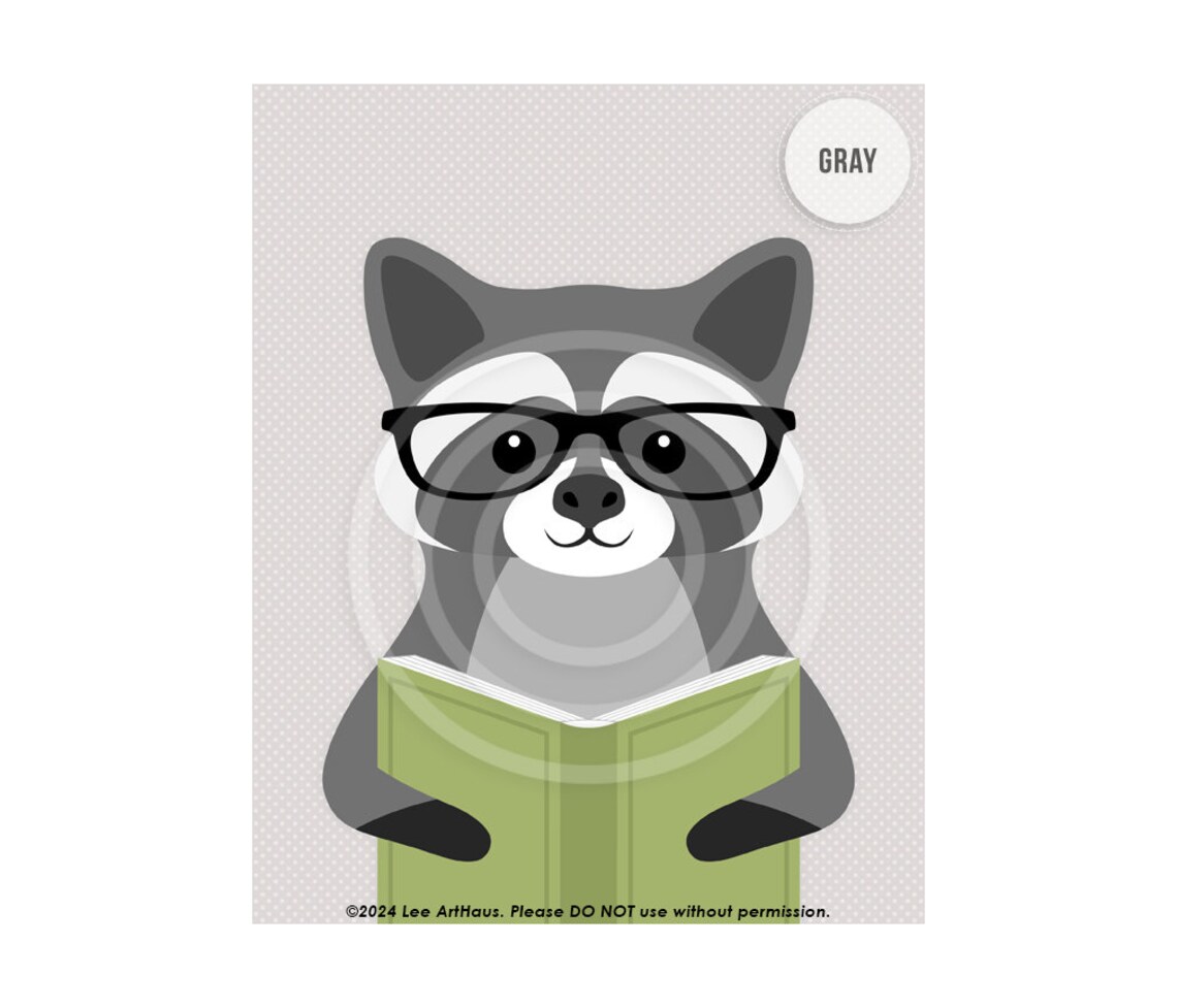 Cute Raccoon Reading Book With Glasses Green Forest Kids Room Decor Poster - Image 6