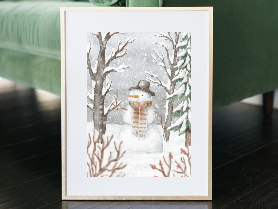 Cute Snowman Winter Wonderland Art Print, Watercolor - Image 3