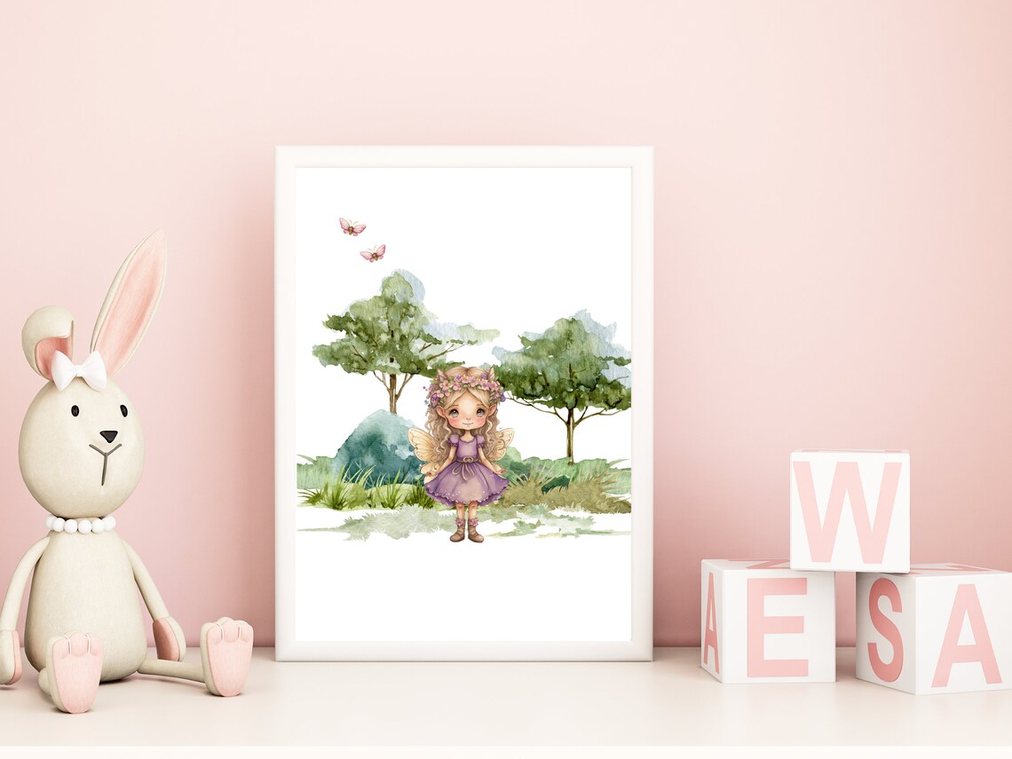 Watercolor Fairy Girl with Flower Crown Woodland Nursery Art Print - Image 4