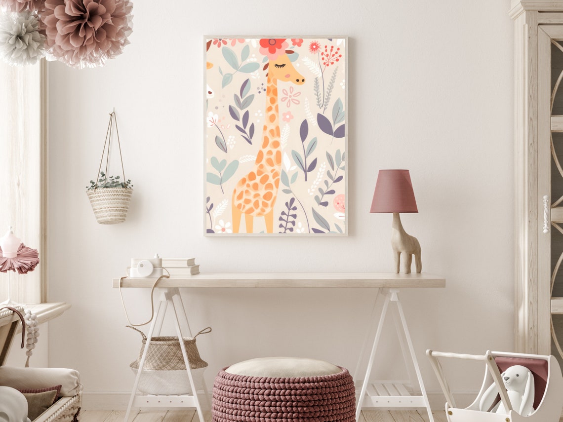 Boho Style Giraffe With Flower Crown Pastel Nursery Art Poster - Image 2