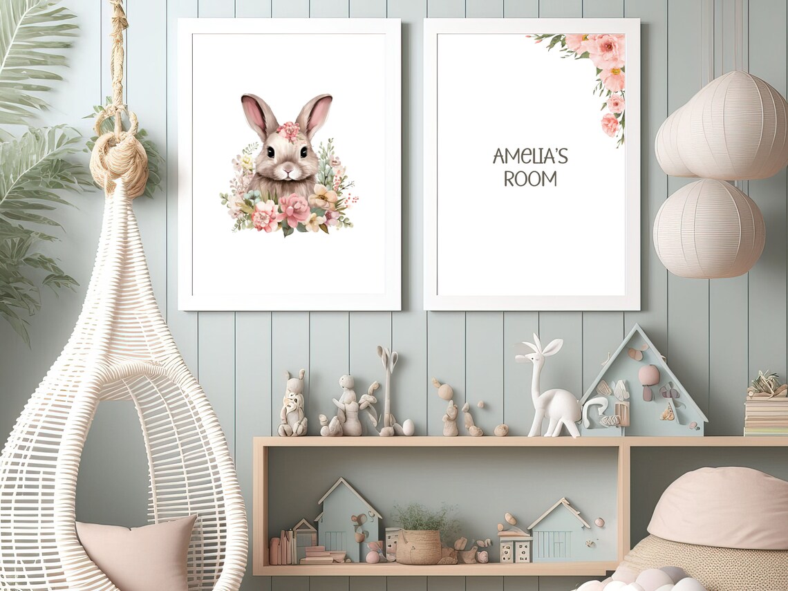 Cute Bunny Portrait Pink Floral Wreath Watercolor Nursery Art Poster - Image 3