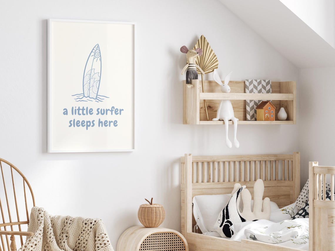 A Little Surfer Sleeps Here Surfboard Quote Blue Nursery Room Poster