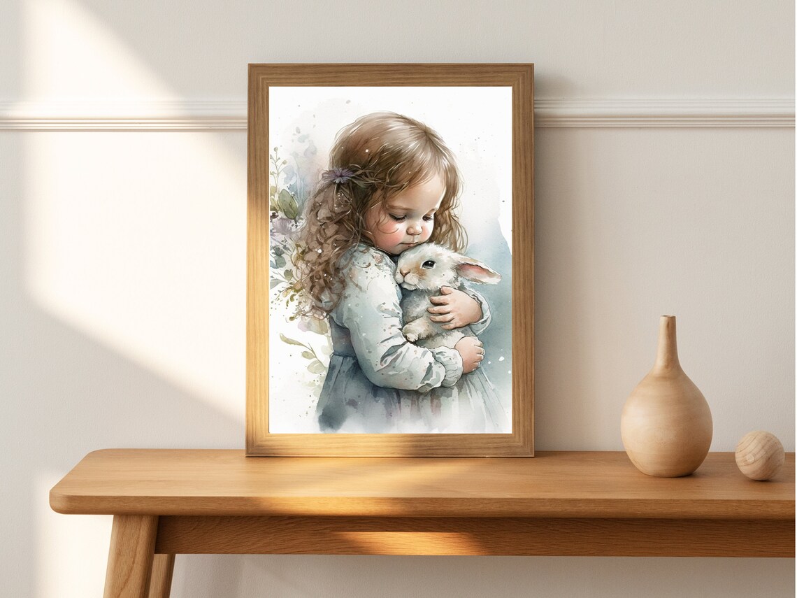 Sweet Little Girl and Fluffy Bunny Watercolor Art Print - Image 4