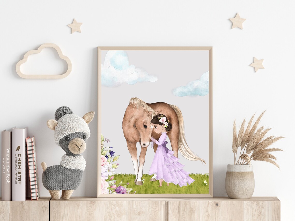 Little Girl In Purple Dress Hugging Her Horse Watercolor Poster - Image 3