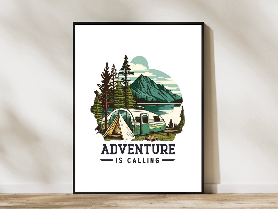 Adventure Is Calling Vintage Camping Trailer Lake Mountain Poster