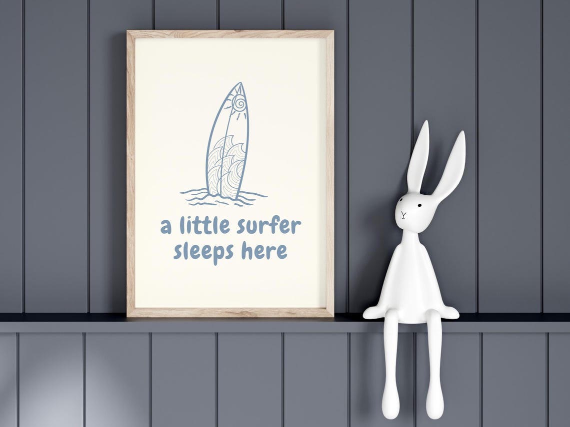 A Little Surfer Sleeps Here Surfboard Quote Blue Nursery Room Poster - Image 2