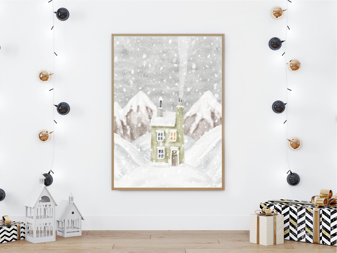 Snowy Mountain Cabin Winter Watercolor Christmas Landscape Poster - Image 3