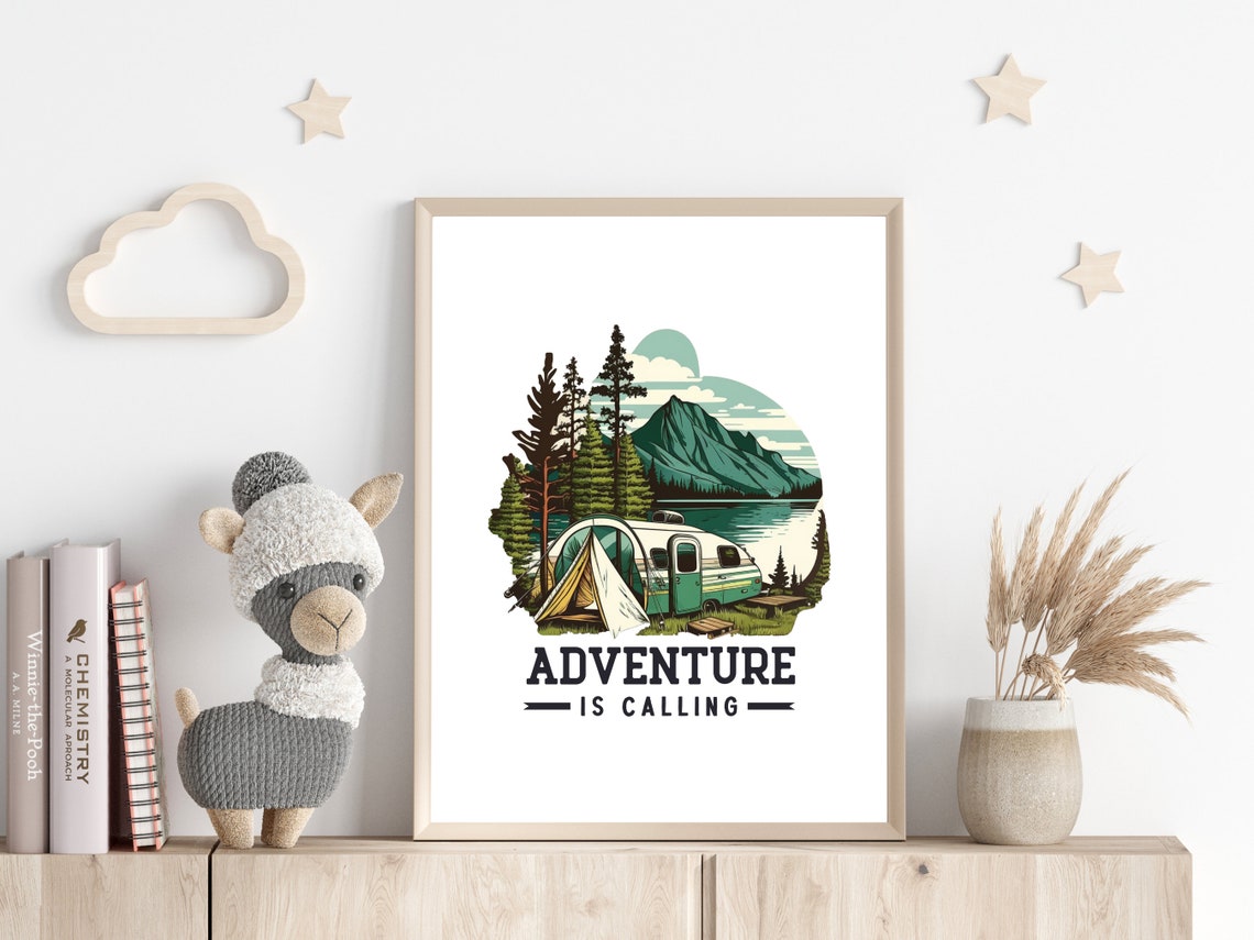 Adventure Is Calling Vintage Camping Trailer Lake Mountain Poster - Image 3
