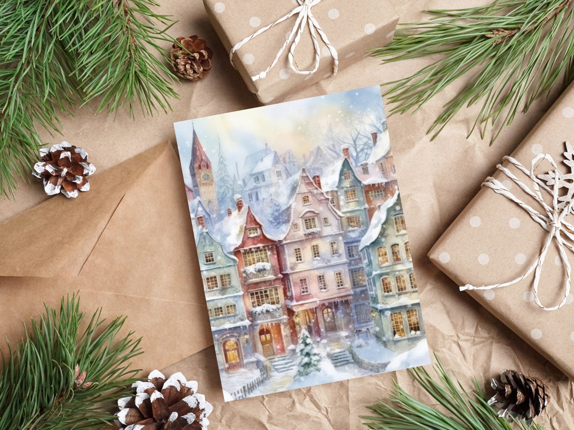 Snowy Old Town Watercolor Cityscape Winter Holiday Decor Poster - Image 2