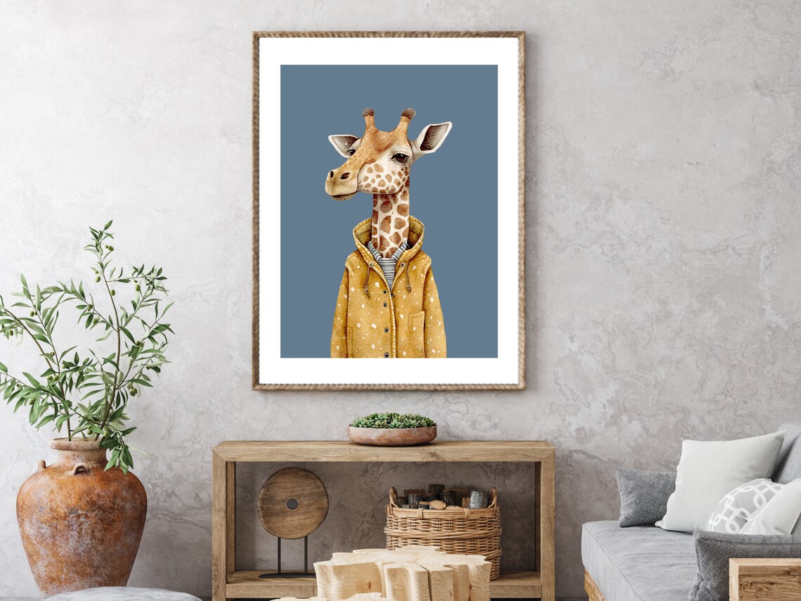 Giraffe in Mustard Polka Dot Raincoat Watercolor Nursery Art Print - Image 2