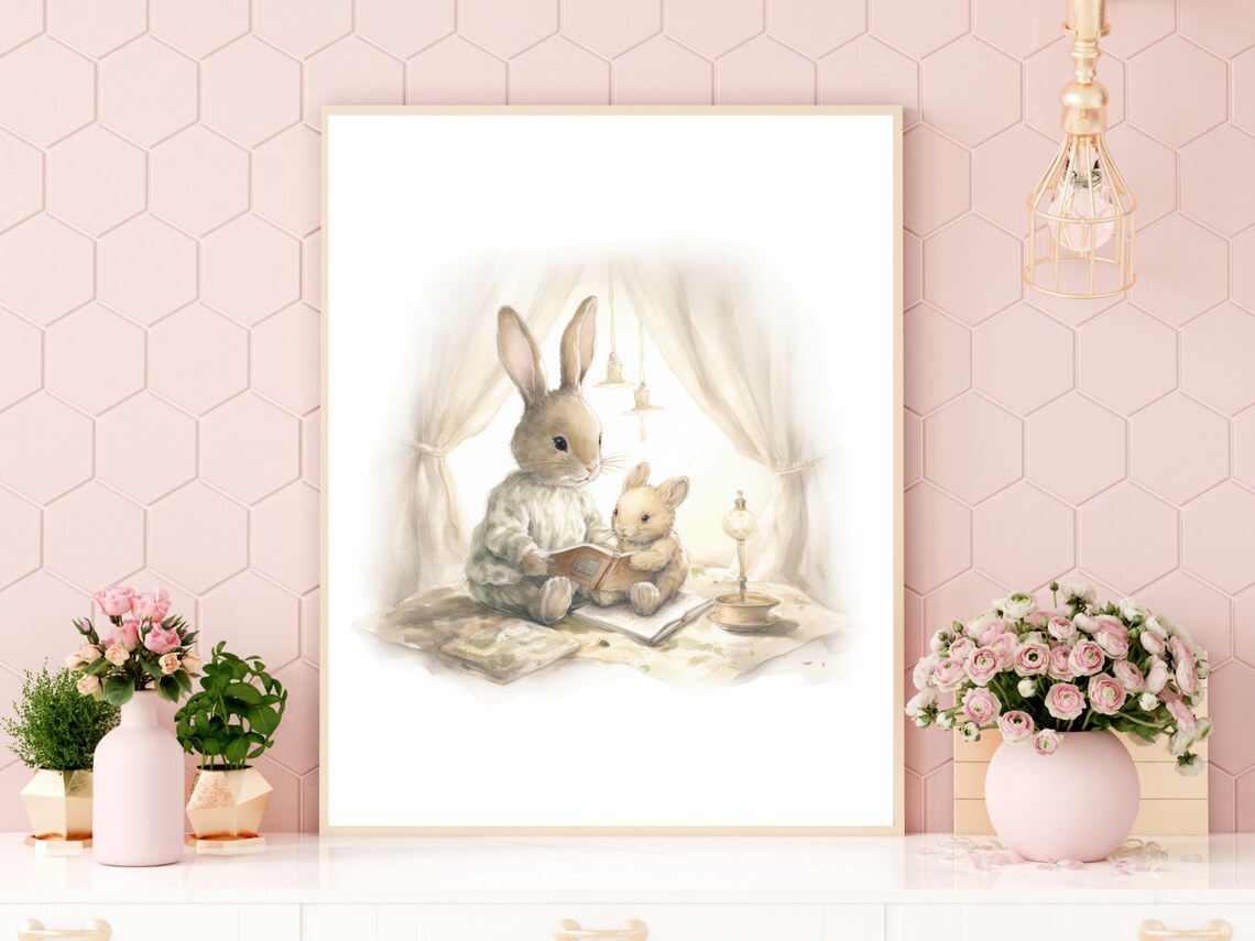 Bunny Bedtime Story Mother Rabbit Reading Book Watercolor Poster - Image 4