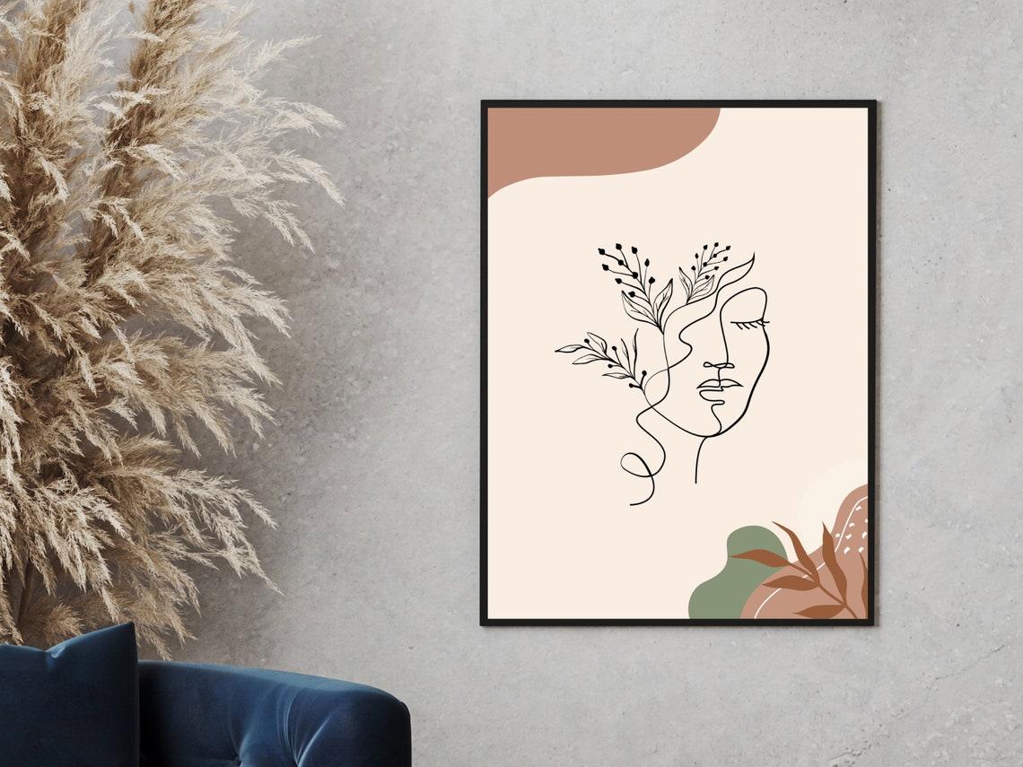 Boho Minimalist Line Art Woman Face Botanical Abstract Decor Print - Image 2