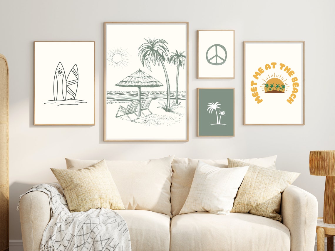 Sage Green Beach Scene Palm Trees Umbrella Line Art Coastal Poster - Image 2