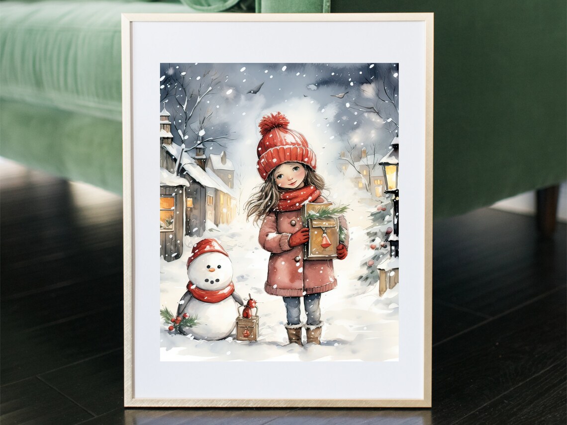 Little Girl With Snowman In Snowy Christmas Village Watercolor Poster - Image 3