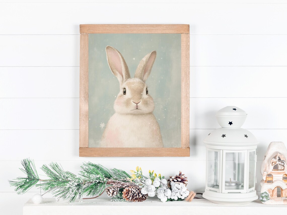 White Bunny Portrait Winter Animal Poster for Sweet Nursery Decor - Image 3
