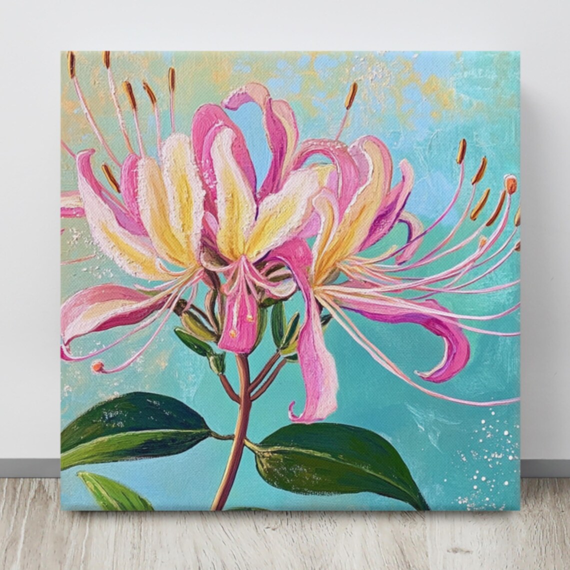 Pink Yellow Honeysuckle Blooms Teal Background Oil Painting Poster - Image 4