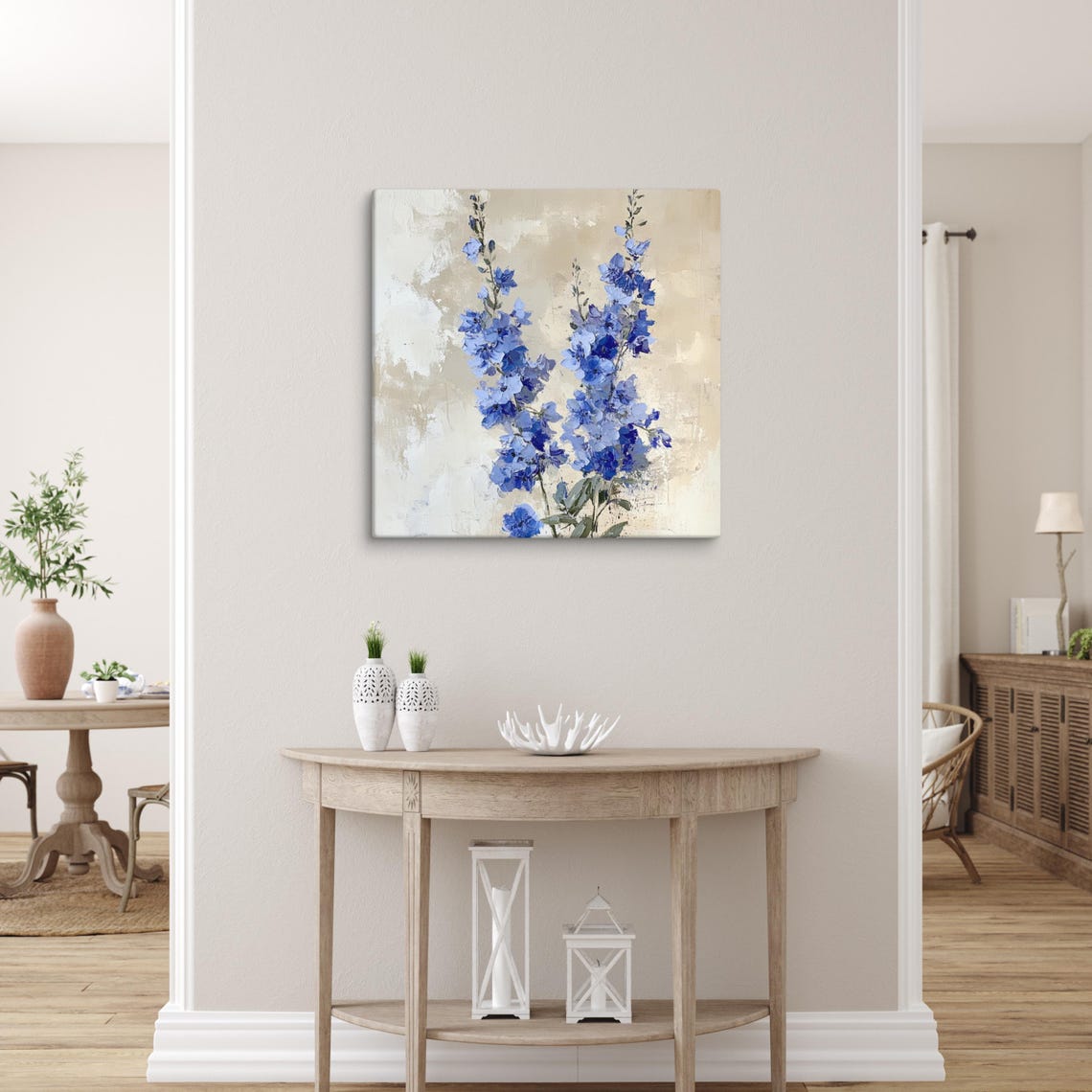 Blue Delphinium Tall Flower Spikes Beige Botanical Floral Art Poster - Image 5