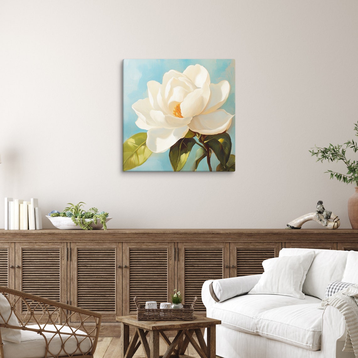 White Blossom Flower on Teal Background Watercolor Art Poster - Image 3