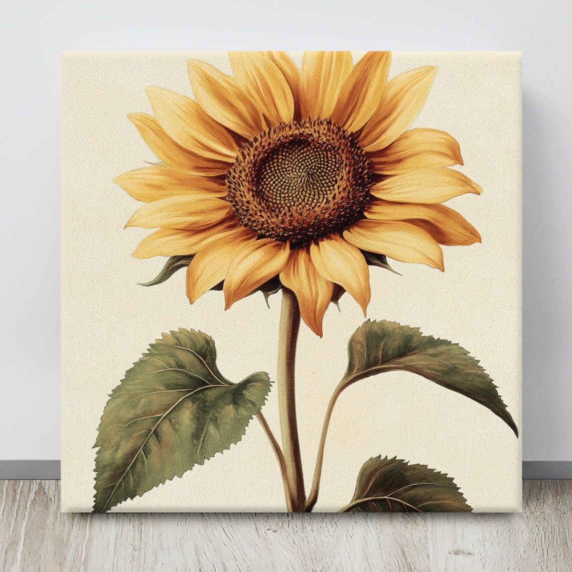 Sunflower Tall Bloom Green Leaves Vintage Botanical Cream Art Poster - Image 4
