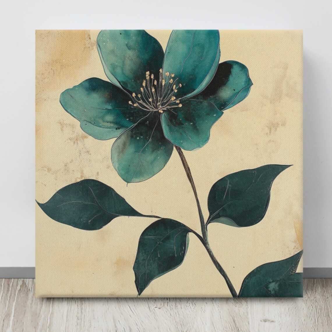 Teal Green Flower Gold Stamens Beige Botanical Painting Wall Art - Image 4