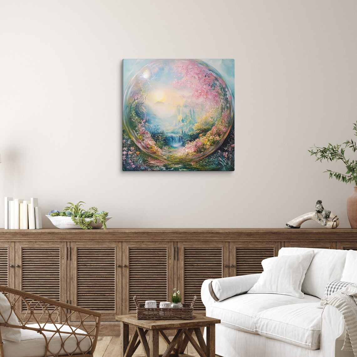 Magical Bubble World Fantasy Valley Waterfall Cherry Blossom Art Print - Image 2