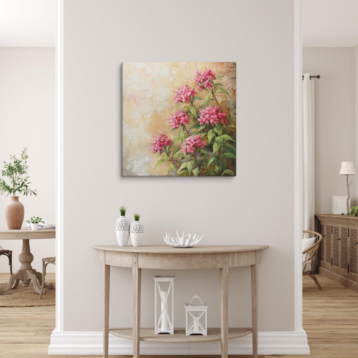 Pink Pentas Flower Clusters Warm Beige Floral Painting Wall Art - Image 4