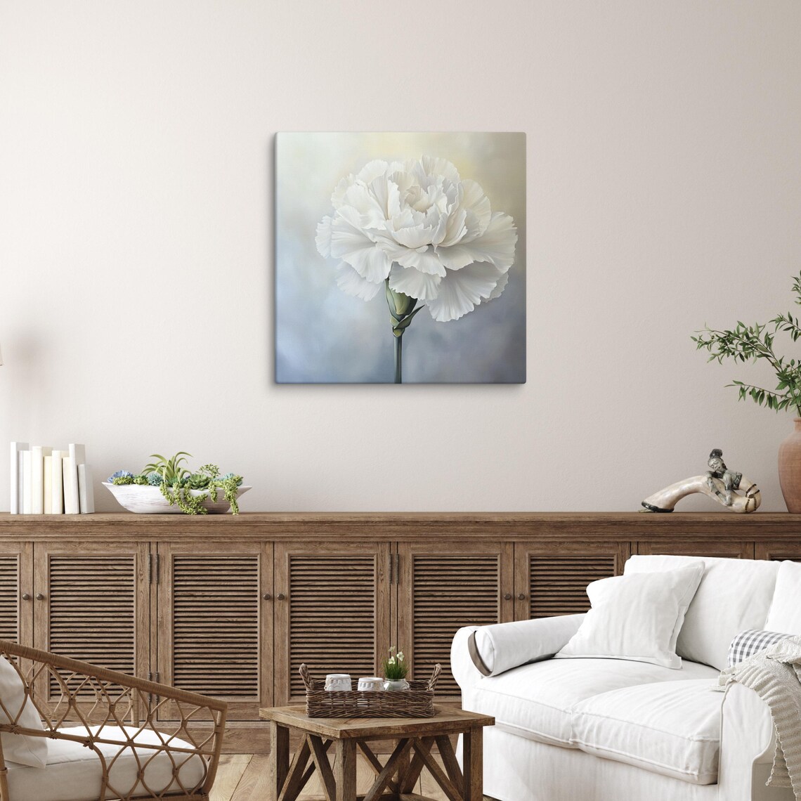 White Carnation Bloom Close Up Ruffled Petals Painting Print Poster - Image 3