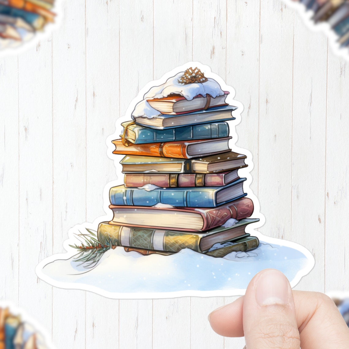 Snowy Book Stack Sticker Winter Books Reading Gift Vinyl Decal Art