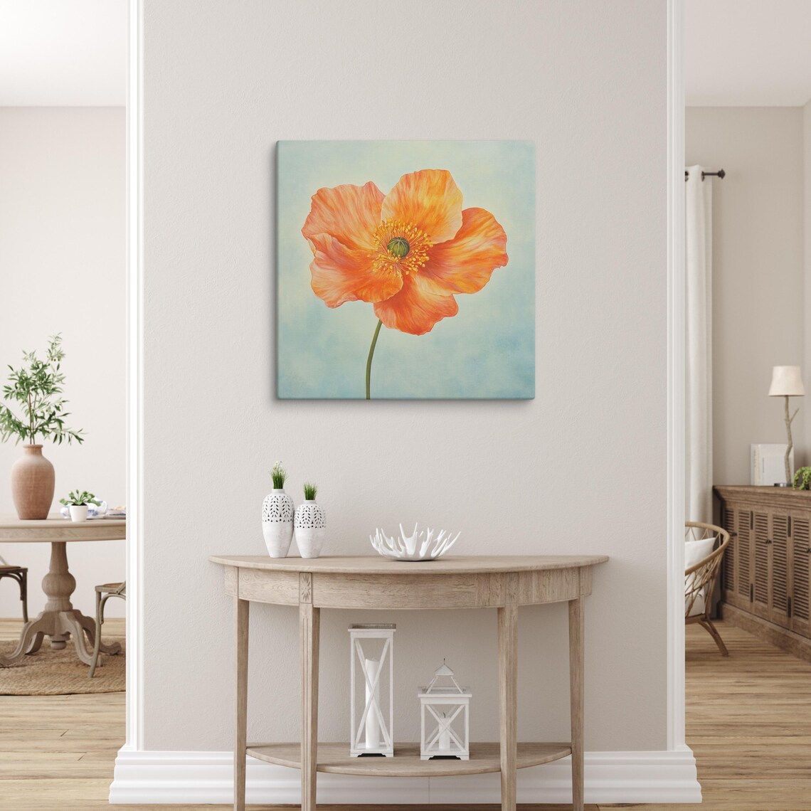 Orange Poppy Single Bright Bloom Soft Blue Floral Painting Print - Image 5