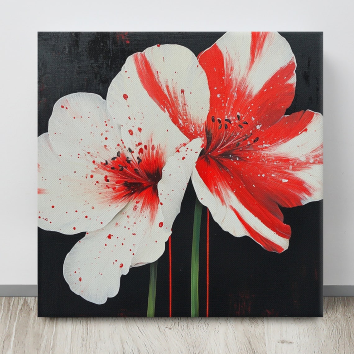 Red White Splatter Bloom Flowers Dramatic Black Background Art Poster - Image 4