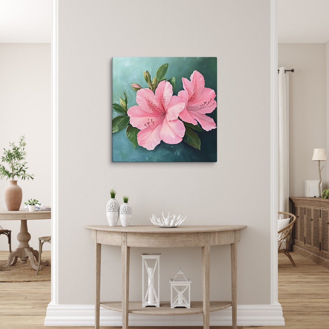 Pink Azalea Blossoms Green Leaves Teal Background Print Poster - Image 4