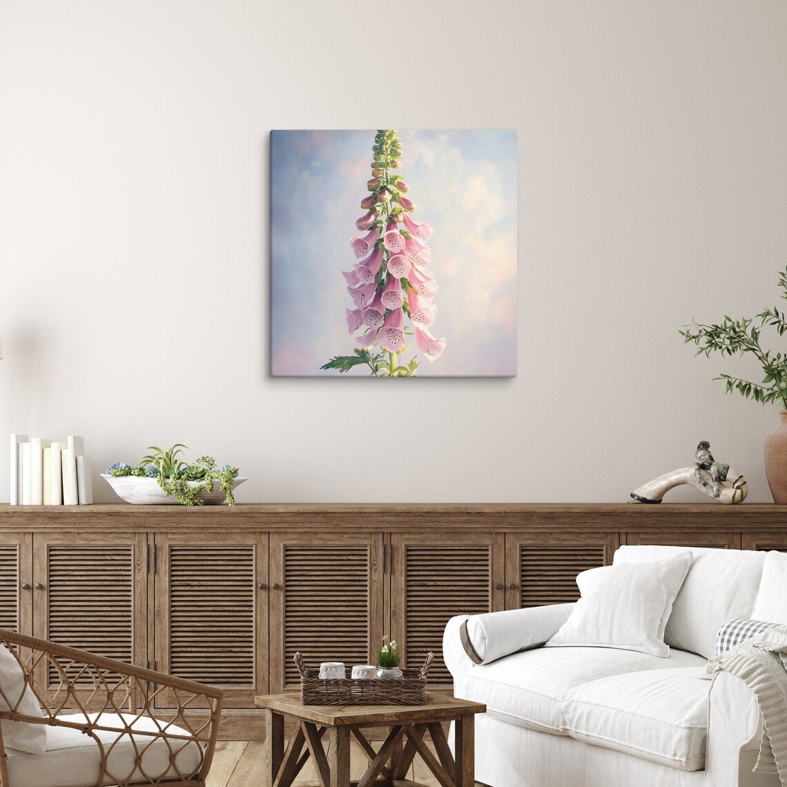 Pink Foxglove Flower Spike Soft Pastel Sky Watercolor Art Poster - Image 2