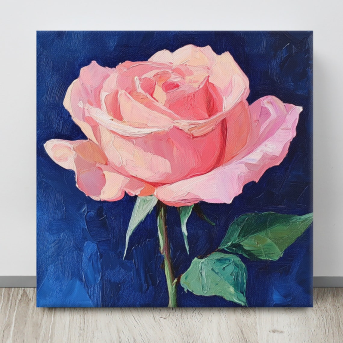 Pink Rose Bloom Impasto Navy Blue Background Painting Art Poster - Image 3