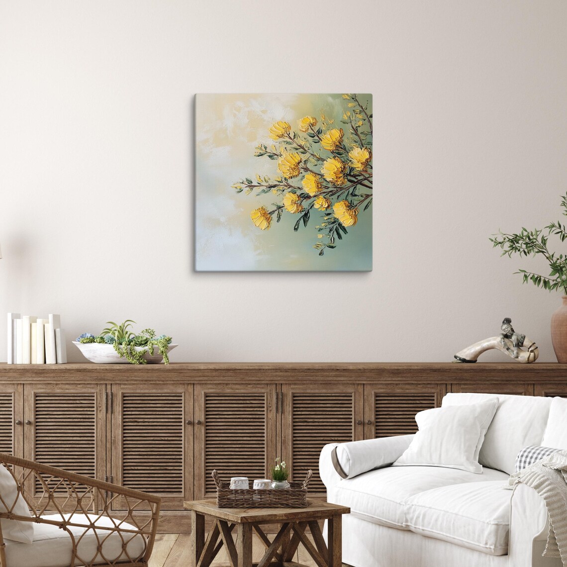 Yellow Acacia Blossoms Branch Sage Cream Floral Impasto Wall Art - Image 5