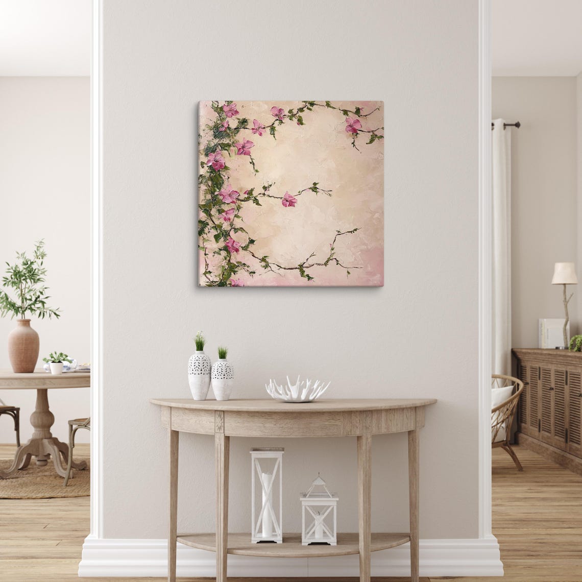 Pink Flowering Vine Branches Textured Beige Botanical Art Poster - Image 3