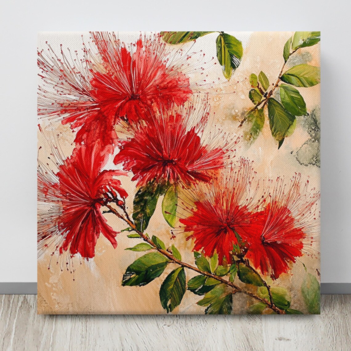 Red Calliandra Powder Puff Blooms Tropical Branch Botanical Print - Image 4